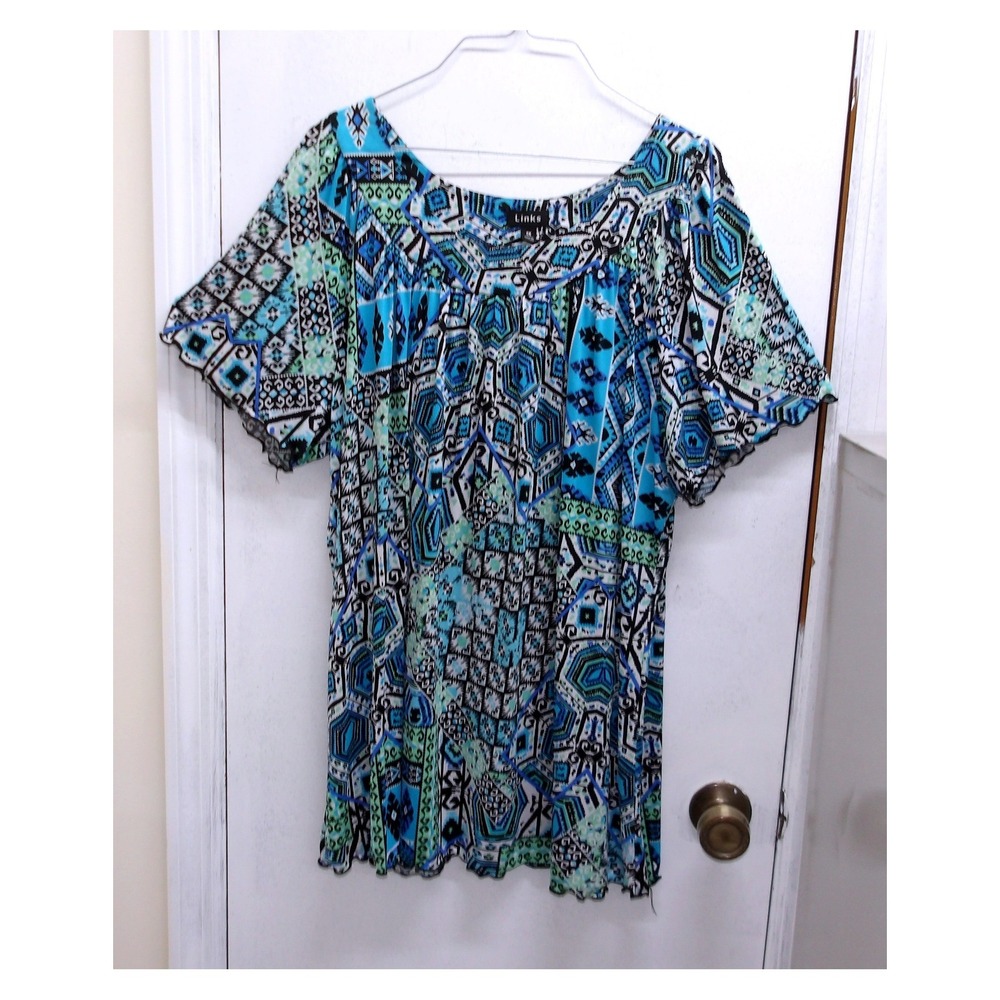 Link Womens Blue Green Geometric Tribal Print Scoop Neck Blouse / #26791